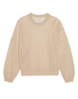 The Great Inc. "The Crochet Pullover" is a beige, long-sleeve crew-neck sweater with a loose open-weave crochet design and ribbed cuffs, hem, and neckline, shown flat on a white background.