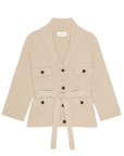 Military-inspired cardigan with shawl collar, four pockets, belt, and dark buttons by The Great Inc.