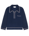 Navy oversized polo with white trim, chest pocket, and zip front by The Great Inc., cotton-ramie blend menswear.