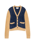 Color-block fuzzy cardigan with tan sleeves, navy front, and black buttons by The Great Inc., Wellington Card.