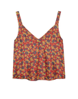 Red silk sleeveless top with yellow and blue Gilded Poppy print by The Great Inc.