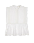 The Sonnet Top by The Great Inc. is a sleeveless white blouse with lace details, pintuck pleats, a round neckline, and a gathered peplum hem. Crafted from lightweight, semi-sheer fabric for an airy, Victorian-inspired look.