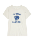 White vintage-style tee with bold blue panther graphic, The Great Inc. Boxy Crew Growling Panther.
