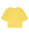 The Micro Terry Track Crew by The Great Inc. is a plain yellow short-sleeve T-shirt with a round neckline, crafted from soft cotton micro terry for a vintage athleticwear feel, shown on a white background.