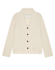 Cream cable knit cashmere cardigan with shawl collar and brown buttons by The Great Inc.
