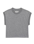 The Great Inc. Square Tee—a heather gray, cropped crew neck with short sleeves inspired by vintage athletic tees—lies flat on a white background. Ideal for pairing with high-waisted denim.