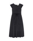 The Tulsa Dress by The Great Inc. is a black, short-sleeved dress with a flattering waist seam, fitted bodice with tied belt, and a flared knee-length skirt.