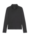 Black long-sleeve turtleneck in soft jersey knit, The Great Inc., Made in USA, shown flat on a white background.