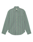 The Stripe Pop Shirt by Donni is a relaxed fit, long-sleeve sage green cotton poplin shirt with white and black stripes, a collar, chest pocket, and buttoned cuffs—ideal for vintage-inspired men's shirting style.