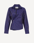 The Daily Shirt by Cissa is a long-sleeved, collared crop shirt in soft paper cotton with blue and yellow stripes, featuring a wrap-style front and button details—perfect for everyday wear.