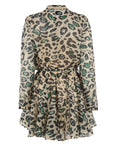 The Jenica Dress by THE SHIRT is a long-sleeved, knee-length shirtdress with a flared skirt, green and brown leopard print, and a braided rope belt at the waist.