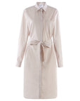 The LS Midi Dress by THE SHIRT features beige and white vertical stripes, long sleeves, a collar, front buttons, chest pocket, tie waist belt, and elegant midi length for a classic look.