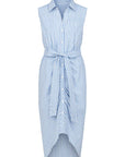 The Sleeveless Wrap Front Dress by THE SHIRT features a sleeveless design, blue and white vertical stripes, a collar, No Gape button, button-down front, waist tie, and a curved hemline inspired by Rochelle Behrens.