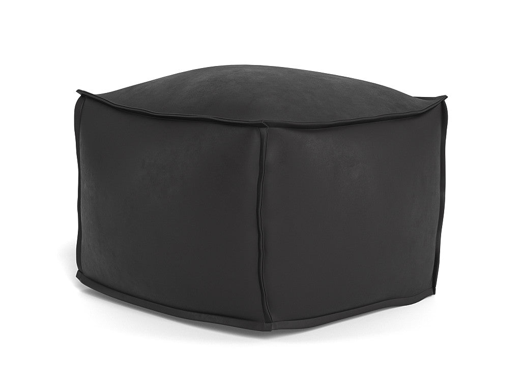 A black, hexagonal-shaped BA Ottoman Pouf Large with a smooth fabric cover in Bungalow style on a white background by Universal Furniture.