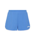 The Upside WRANGLER CALLIE SHORT: 70s-inspired bright azure blue athletic shorts with white trim and a small front left logo, displayed on a plain white background.