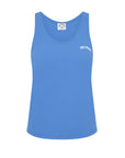 The Upside WRANGLER ISSY TANK TOP is a bright blue racerback tank with a round neckline and white logo on the left chest. Made of performance mesh, it pops against a plain white background.