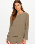 Cream and black striped long sleeve top and shorts set by The Upside, relaxed fit, against white background.