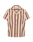 The Upside’s BAJA KATIA COLLARED SHIRT is a short-sleeved button-up with wide vertical burgundy stripes on beige, two chest pockets, and a classic collar—ideal for effortless coastal style.