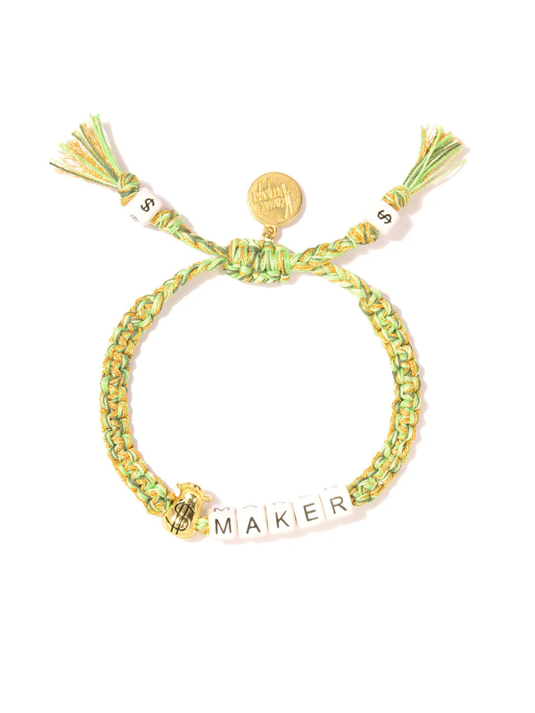 The Venessa Arizaga Bracelet 6" is a green and yellow braided charm bracelet with white beads spelling "MAKER," a gold charm, tassels, and an adjustable knot closure—ideal for fans of quirky jewelry.