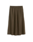 The Maddie Skirt Linen by Alex Mill is an olive green, knee-length linen skirt with an elastic waistband and garment-dyed finish. It features two iPhone-sized pockets and is displayed against a white background.