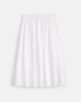 The Maddie Skirt Linen by Alex Mill is a knee-length 100% linen skirt with an elastic waistband, light pleats, and iPhone-sized pockets, shown against a plain light background.