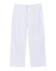 Frank & Eileen's Westport Italian wide leg pants are showcased on a plain black background. Crafted from Italian performance twill, these white cropped chinos feature side pockets and a waistband with belt loops, offering a classic and versatile design.