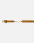 The Jewelry Detail Belt by FRAME is a tan leather waist belt with white stitching, a gold rectangular buckle, and chic gold chain detailing connecting the two straps at the center.