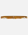 The Jewelry Detail Belt by FRAME features tan leather, white stitching, a silver buckle, gold chain accents, and dual silver clasp hooks on each end, shown against a plain white background.