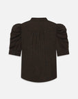 Back view of The Leopard Gillian Top by FRAME, featuring dark brown and black animal print silk, puffed sleeves, a gathered yoke, high neckline, and a slightly curved hem.