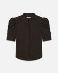 The Leopard Gillian Top by FRAME is a short-sleeved, dark brown silk blouse featuring a subtle black leopard print, puffed sleeves, round neckline, and front button closure.
