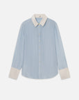 Light blue striped silk shirt with white collar and cuffs by FRAME, long sleeves, displayed flat on white background.