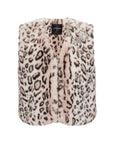 The Treasure Vest by Le Superbe is a sleeveless cropped faux fur vest in light pink and dark brown leopard print, adorned with a sparkling rhinestone brooch near the collar.