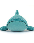The Gobfrey Whale Shark plush by Jelly Cat Inc. features blue fabric, white spots, two flippers, and a small dorsal fin, shown from the front on a white background. Inspired by an unusual sea shanty.