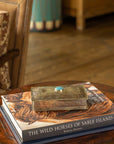 The Stamped Rec Box Turq by J Alexander Rustic Silver sits on "The Wild Horses of Sable Island" by Roberto Dutesco, bringing Southwestern style to a round wooden table next to an upholstered chair.