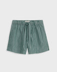 The Montauk Pull On Shorts In Stripe by Alex Mill feature green cotton with white vertical stripes, an elastic adjustable waist, and a front drawstring tie, shown on a plain white background.