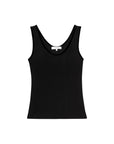 The Velvet Trim Tank by FRAME is a sleeveless black top with a scoop neckline and subtle velvet trim, shown flat on a white background—ideal for effortless layering.