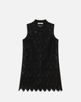 The FRAME Deco Lace Dress is a sleeveless black button-up dress with a collar, scalloped hem, 1920s shift silhouette, and luxurious lace, shown flat on a white background.