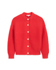 The Nico Chunky Cardigan by Alex Mill is a bright red, long-sleeved cotton knit with a textured pattern, round neckline, ribbed cuffs and hem, and front Corozo buttons.
