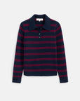 The Alice Polo Cashmere by Alex Mill is a navy long-sleeve sweater with a collar, buttons, horizontal red stripes, and ribbed cuffs and hem for luxurious knit style.