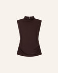 Dark brown short sleeve T-shirt with high collar and side ruching by Sessun, lyocell-cotton blend.