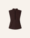 Dark brown short sleeve T-shirt with split neckline and high collar by Sessun, Lyocell cotton blend.
