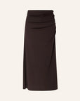 High-waisted dark brown long skirt with side ruching by Sessun, Dolish style in espresso.