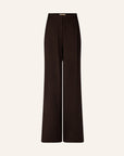 Wide-leg, dark brown high-rise trousers with subtle pinstripes by Sessun Orozco, twill flannel.