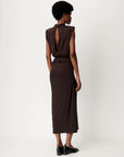 Sessun Dolish sleeveless brown long skirt dress with back keyhole, shown from behind against a white background.