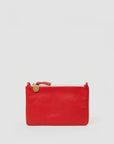 A Clare Vivier red Wallet Clutch w/Tabs made from Italian nappa leather, with a gold charm on the zipper pull, displayed on a plain white background.