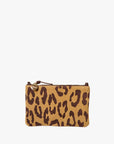 The Clare Vivier Wallet Clutch w/Tabs is a compact pouch made from Italian suede in a brown and tan leopard print, featuring a gold zipper pull and shown on a plain white background.