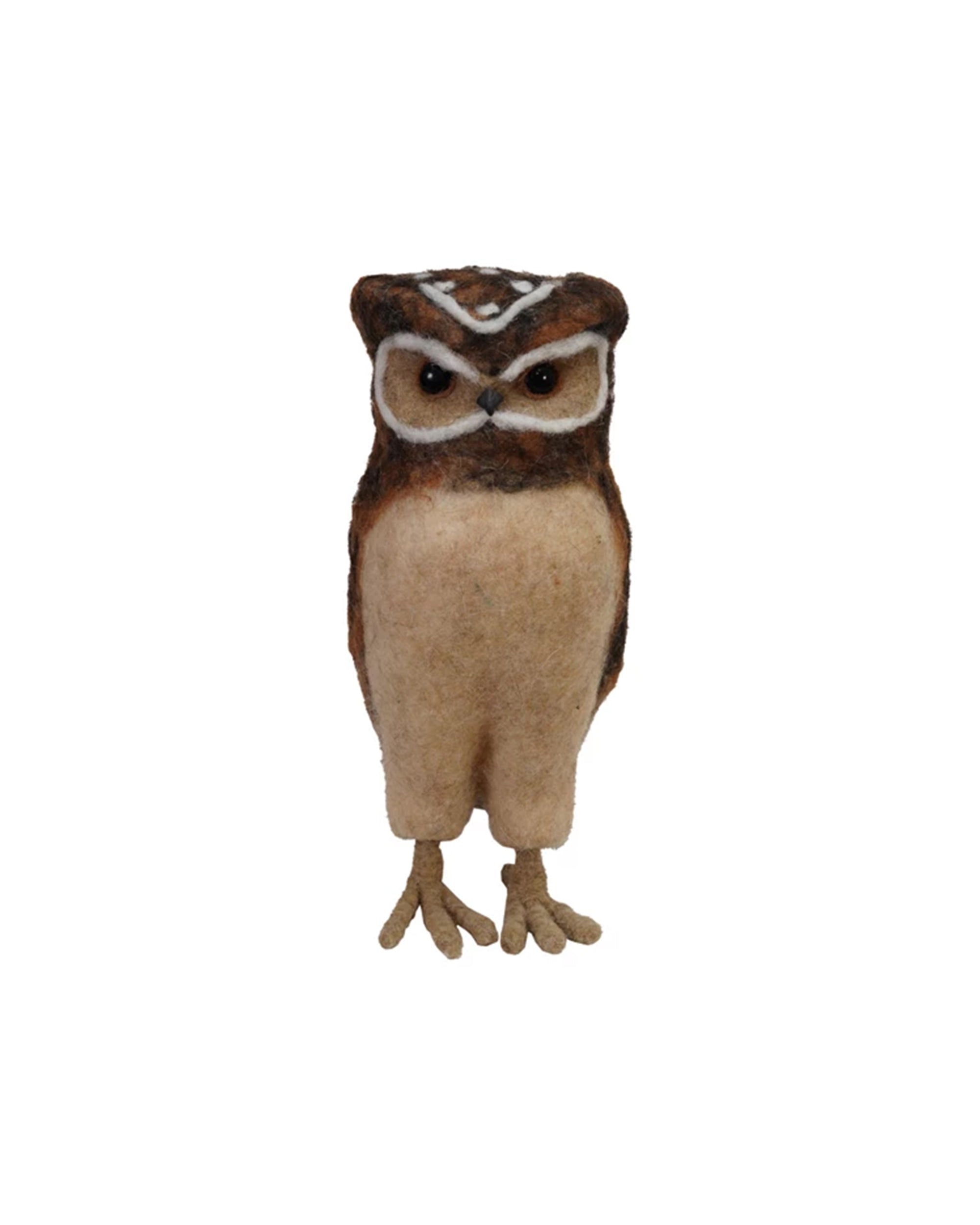 The Creative Co-op Wool Burrowing Owl Brown is a charming handmade wool felt owl with brown and white details, beautifully capturing the adorable essence of a real burrowing owl.
