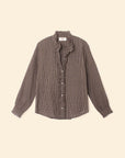 The Amelie Shirt by Xirena features a brown and white checked pattern, mandarin collar, and long sleeves.
