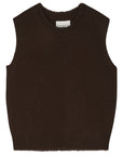 A dark brown, sleeveless knitted vest with a crew neck and ribbed hem from Jumper 1 2 3 4/CR2. The label inside reads "Jumper." The Distressed Tank is laid flat on a white background, offering a classic alternative to a navy cashmere tank.