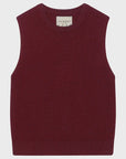 A distressed maroon tank from Jumper 1 2 3 4/CR2 is laid flat on a light background. This sleeveless jumper vest features a ribbed hem and crew neck, with an inner label that reads "Jumper 1234.